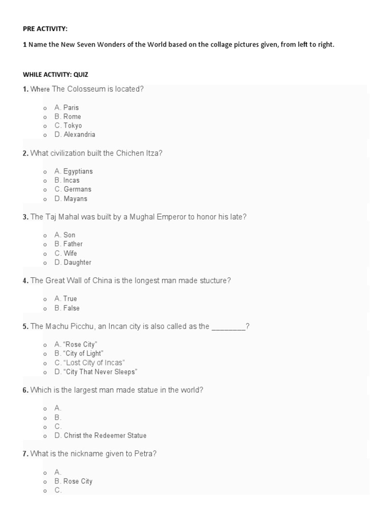 Seven Wonders of the World Quiz | PDF | Cultural Heritage