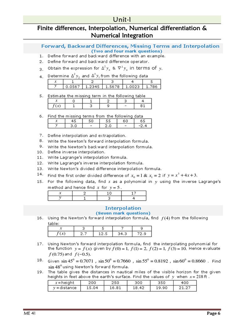 Unit-I: Finite Differences, Interpolation, Numerical Differentiation ...