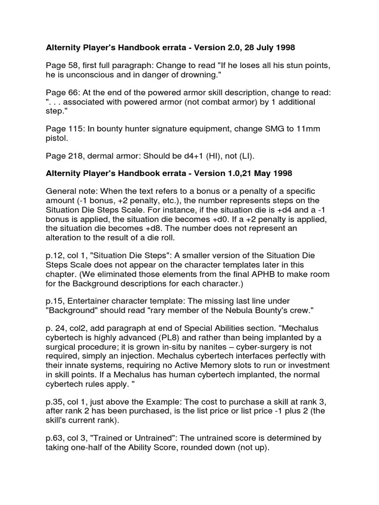 Alternity Player's Handbook errata guide PDF