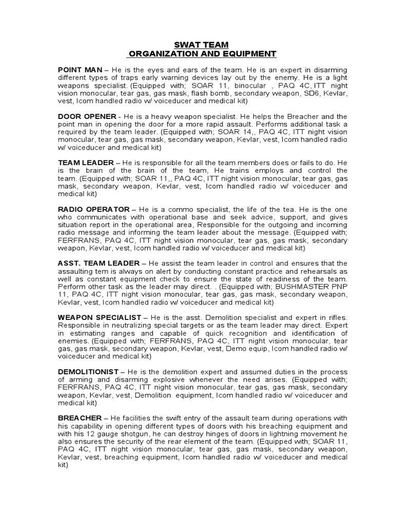 SWAT Team Roles and Equipment Overview | PDF | Hazards | Military Science