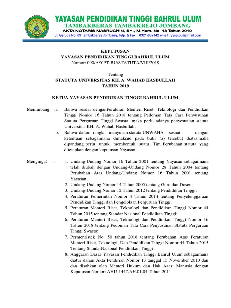 Statuta UNWAHA 2019 Jombang | PDF