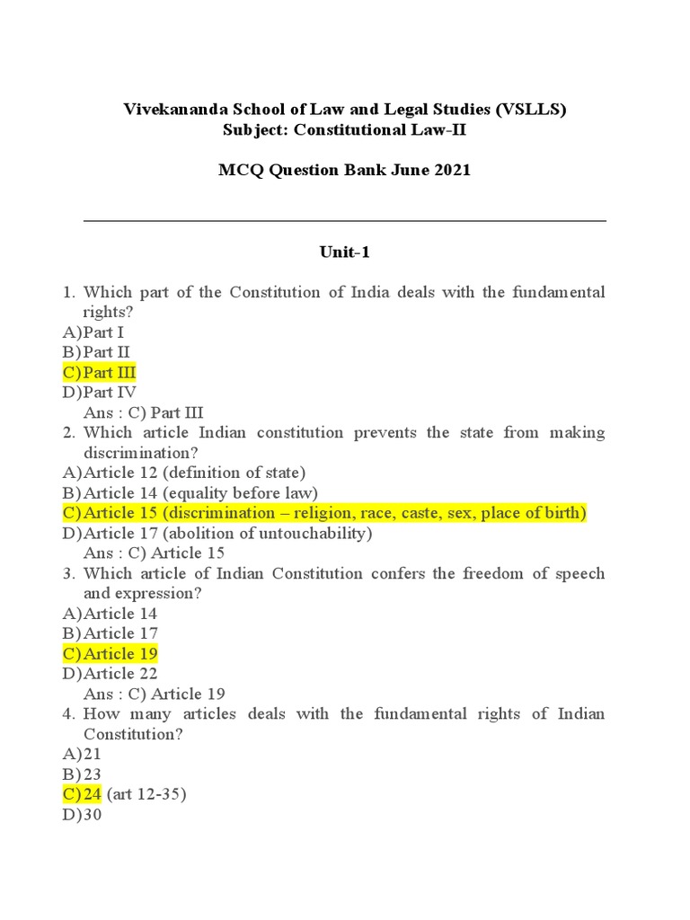 MCQ Bank on Indian Constitution Parts | PDF | Constitutional Law | Justice