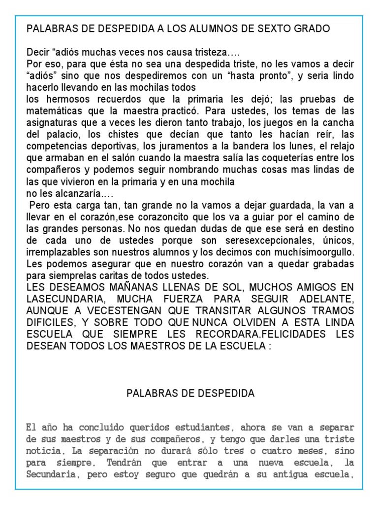 Palabras de Despedida A Los Alumnos de Sexto | PDF | Educación primaria, image size:768x1024
