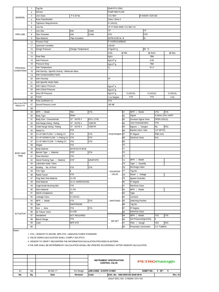 Control Valve Data Sheet Overview | PDF | Valve | Pressure