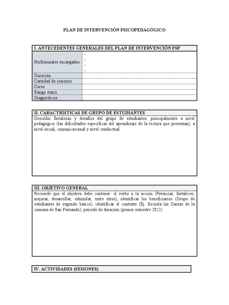 Plan de Intervención Psicopedagógico 2022 | PDF