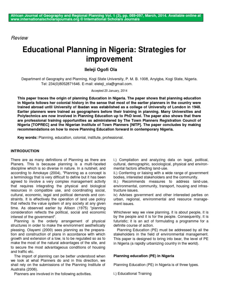 Educational Planning In Nigeria Strategies For Improvement PDF