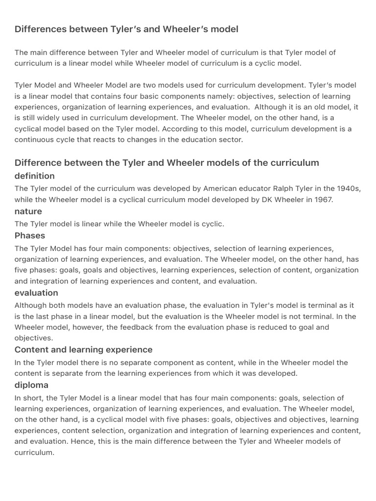 Tyler vs. Wheeler Curriculum Models | PDF | Experience | Curriculum