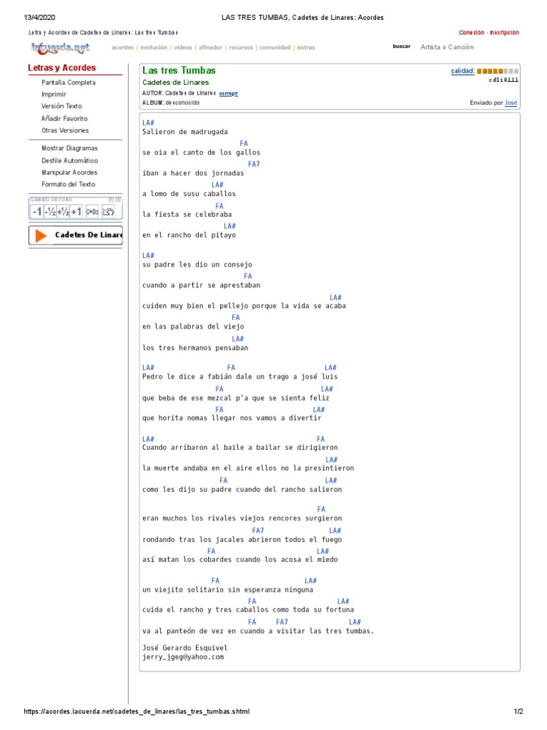 LAS TRES TUMBAS, Cadetes de Linares Acordes PDF