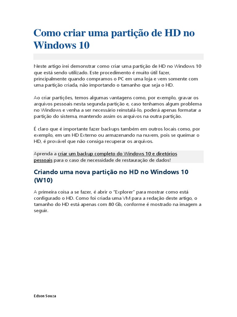 Como Criar Uma Partição de HD No Windows 10 | PDF | Drive de disco ...