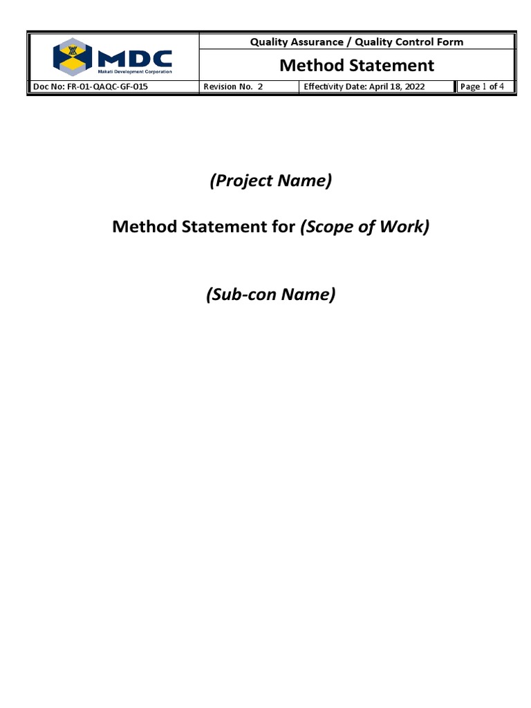 FR-01-QAQC-015 Rev.2 Method Statement Form | PDF | Quality Assurance ...
