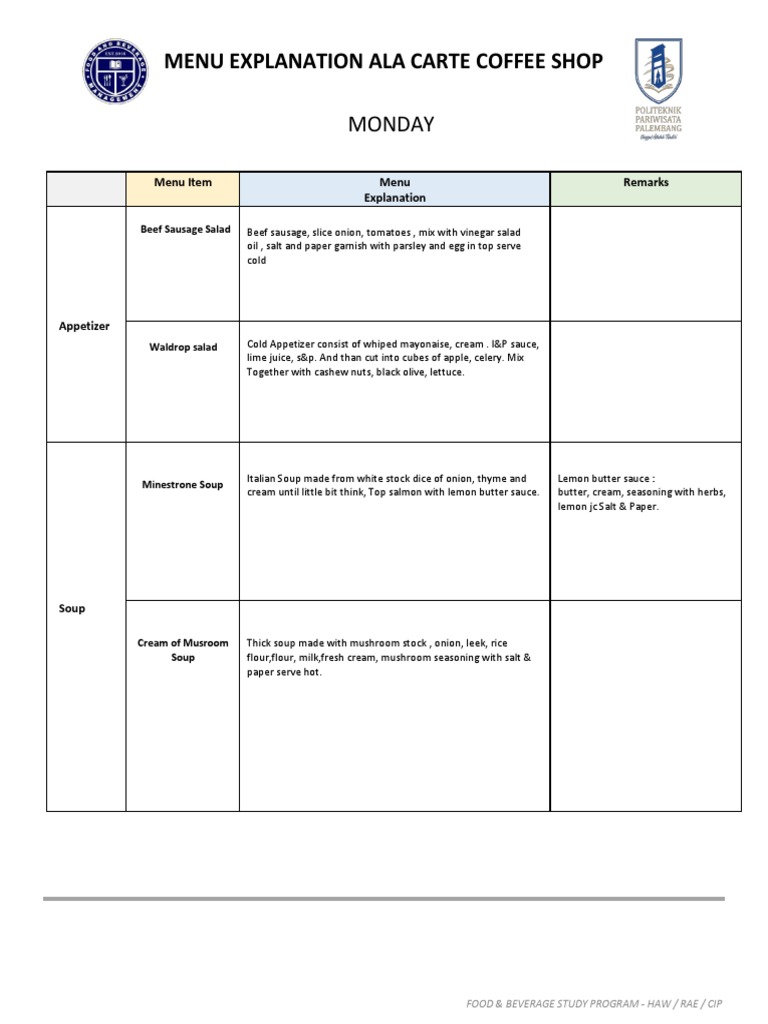 Menu Item Monday Ala Carte Coffee Shop 2022 | PDF | Soup | Salad