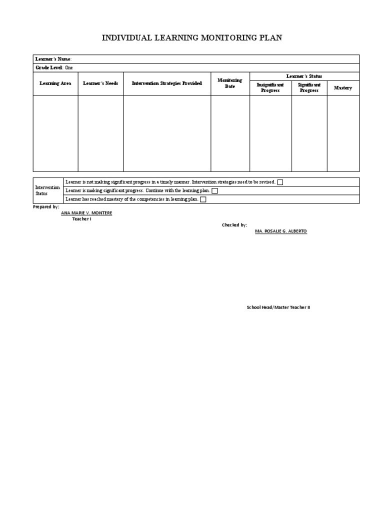 Individual Learning Monitoring Plan Template PDF