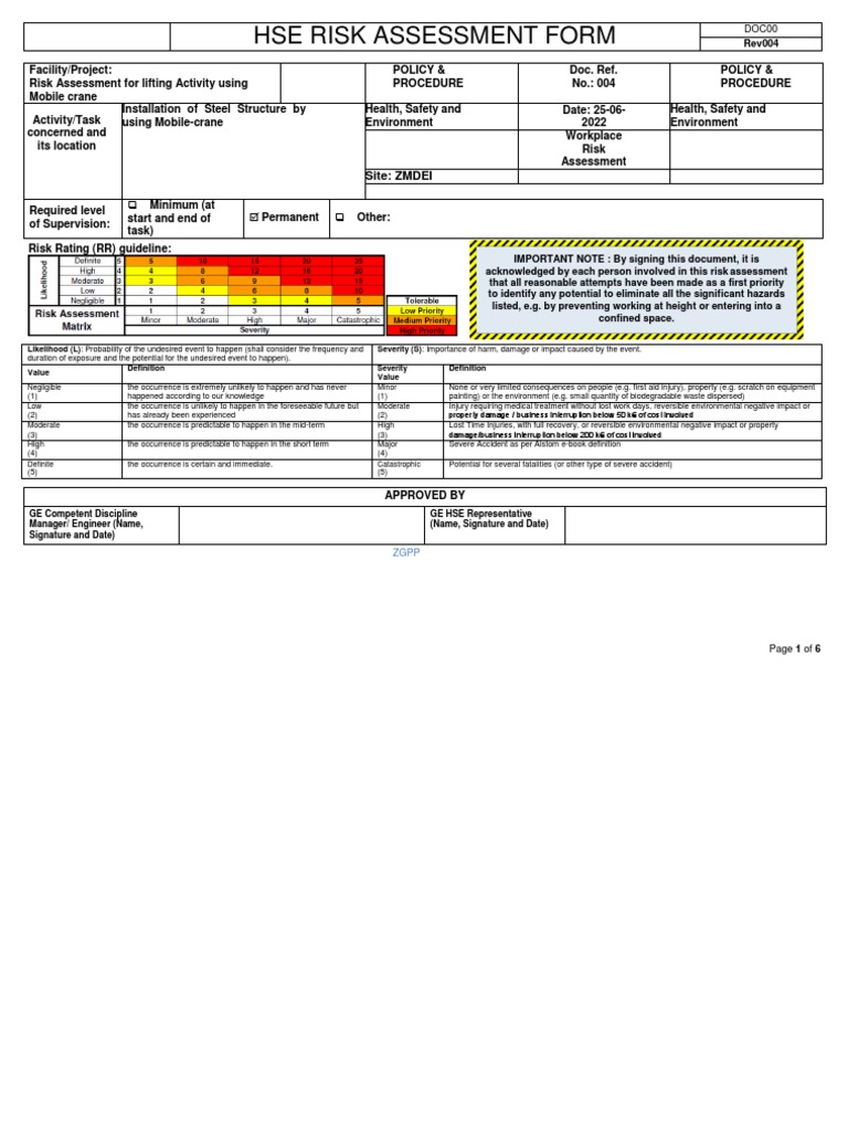 Risk Assessment for Lifting Activity Using a Mobile Crane to Install
