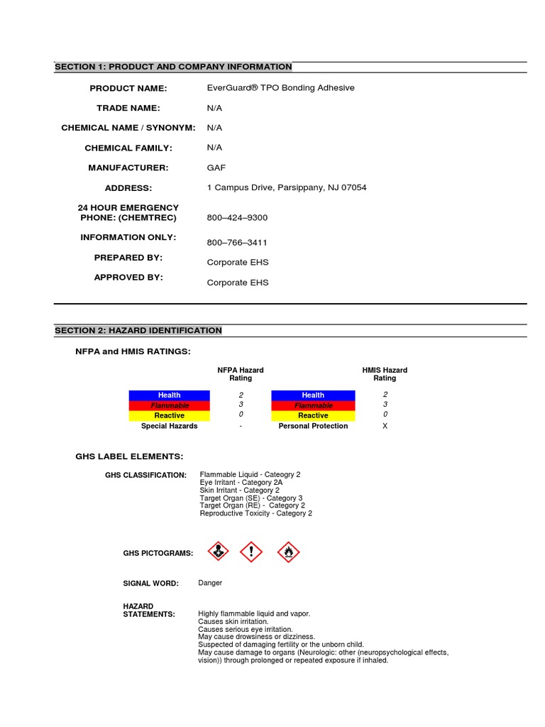 EverGuard TPO Bonding Adhesive MSDS 2177 PDF Toxicity Combustion