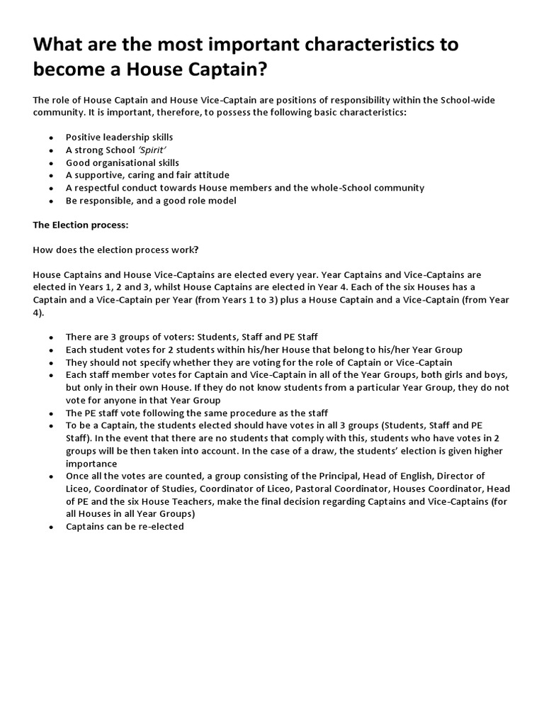 House Captain Roles and Responsibilities | PDF | Cognition | Psychology