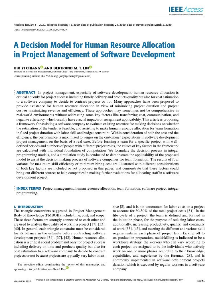 A Decision Model For Human Resource Allocation in Project Management of ...