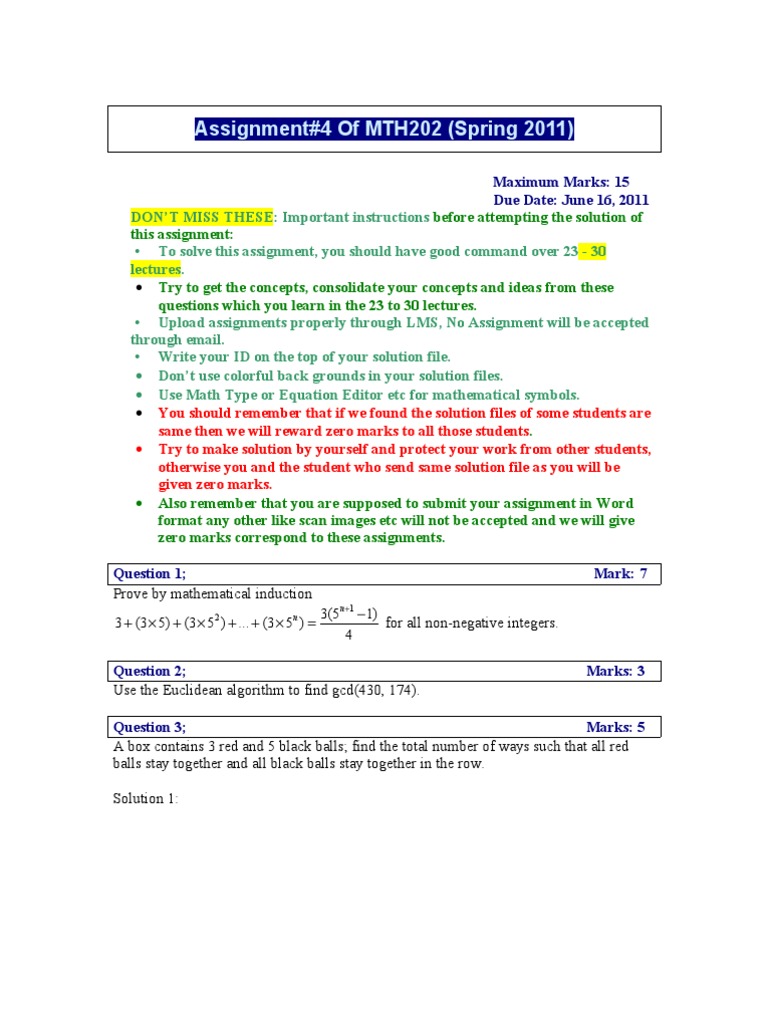 Assignment#4 of MTH202 (Spring 2011) | PDF | Mathematical Objects ...