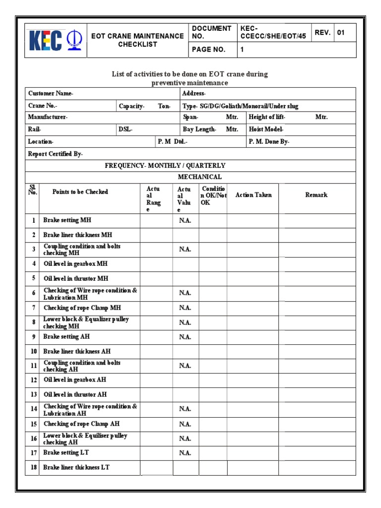 EOT Crane Checklist | PDF | Electric Motor | Switch