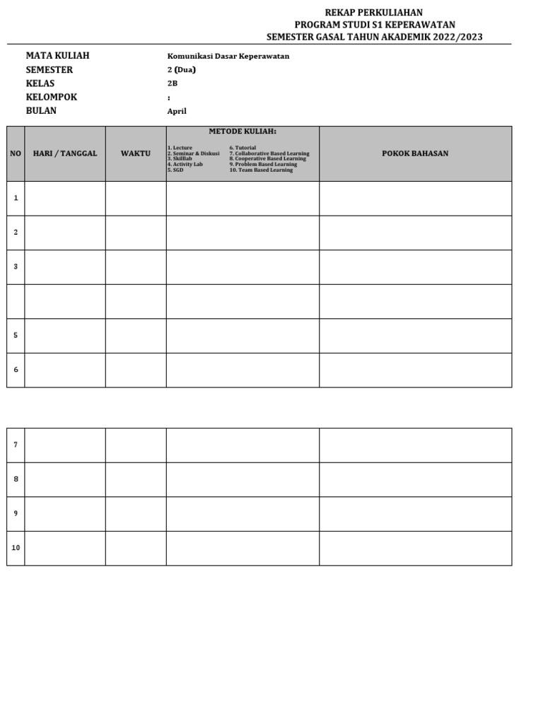 FORMAT REKAP REALISASI PERKULIAHAN KOMDASKEP April | PDF