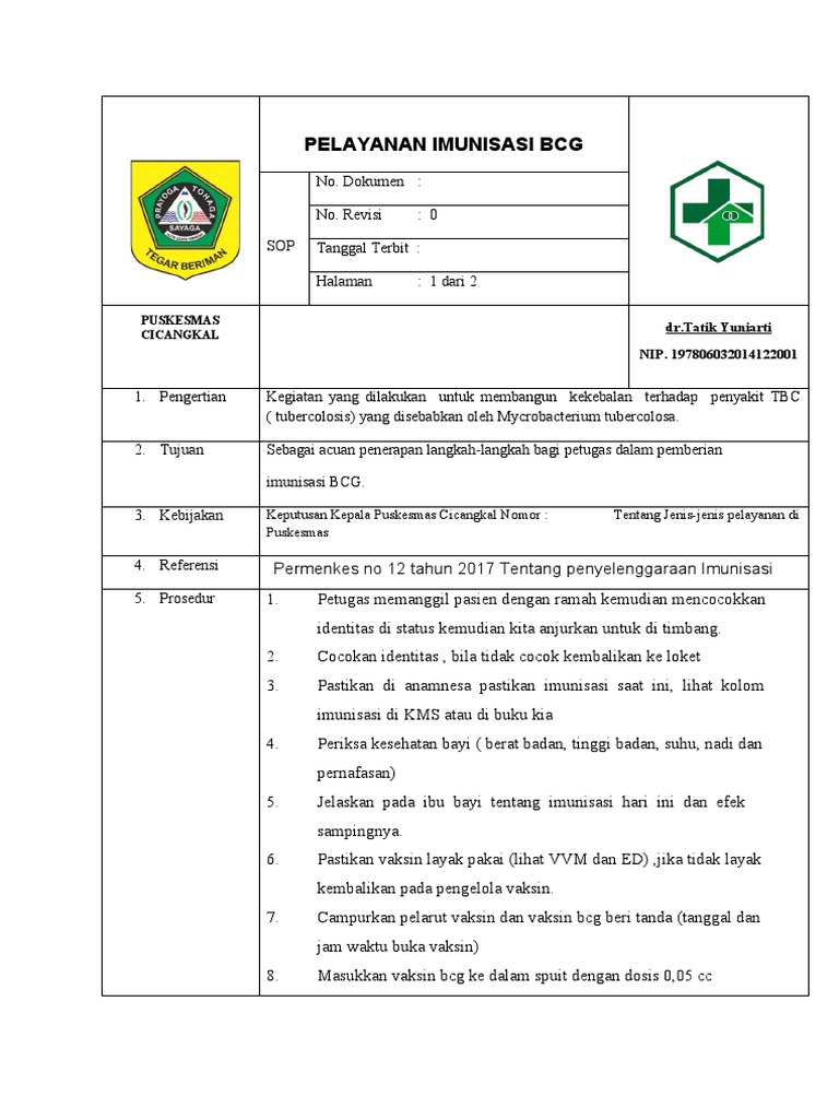 Sop Pelayanan Imunisasi BCG | PDF