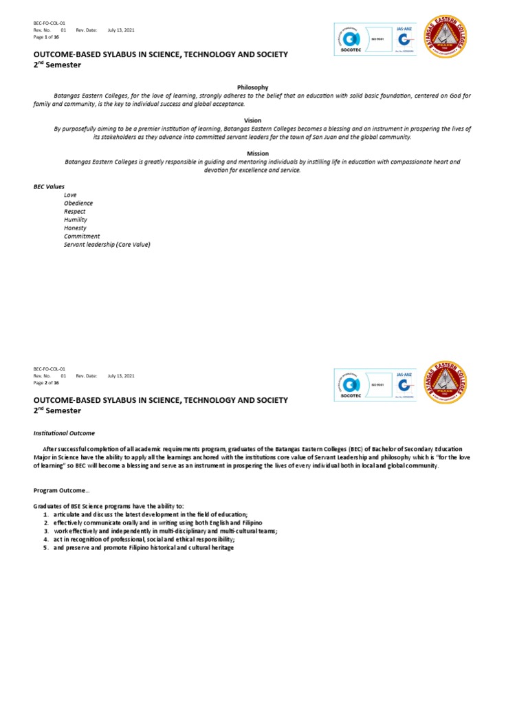 Syllabus In Science Teaching In Science Education Pdf Science