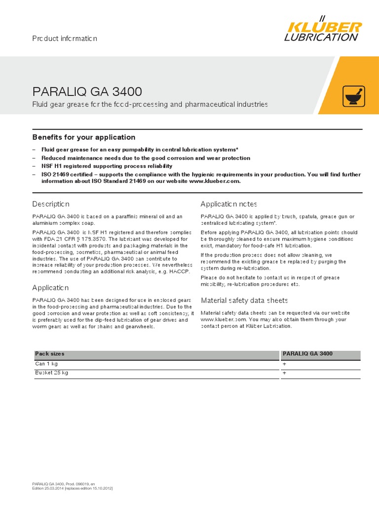 KLUBER PARALIQ GA 3400 pds PDF Lubricant Hazard Analysis And