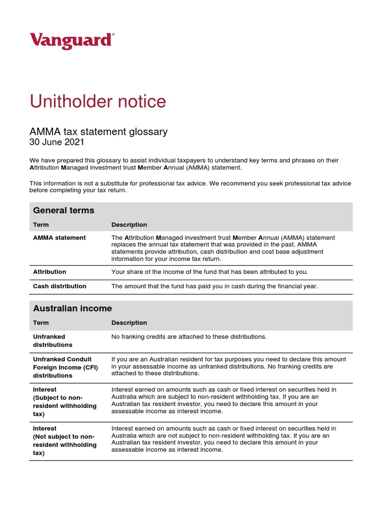 AUUnitholdernoticeVanguard AMMA Tax Statement Glossary PDF