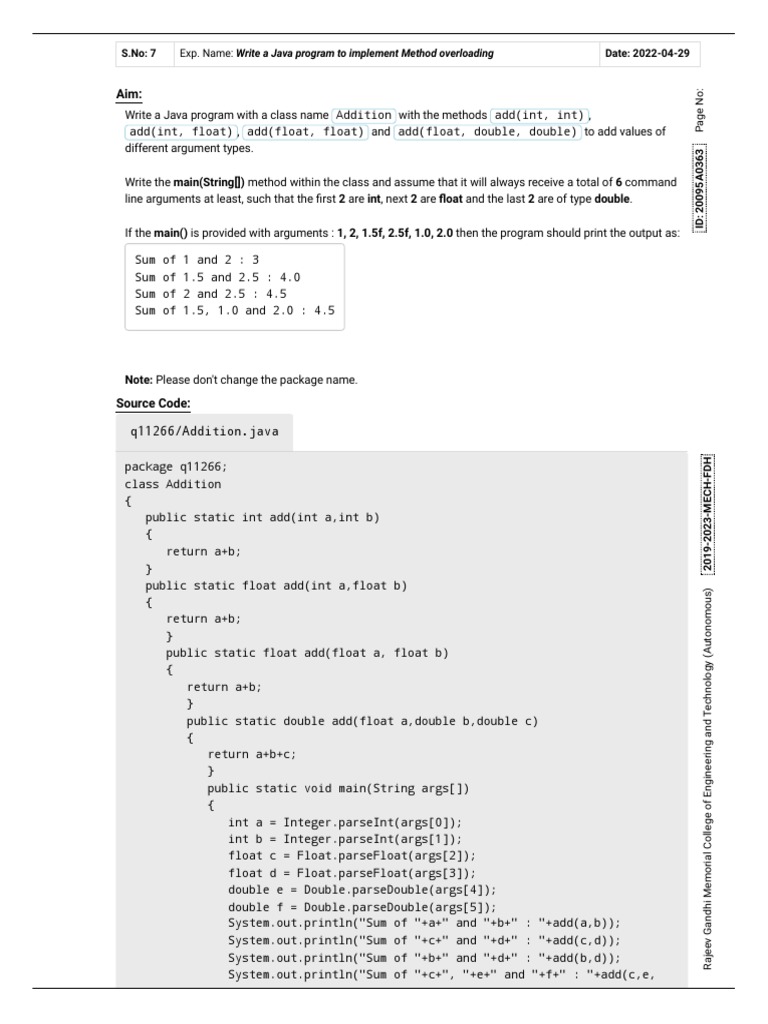 S.No: 7 Date: 2022-04-29: Exp. Name: Write A Java Program To Implement ...