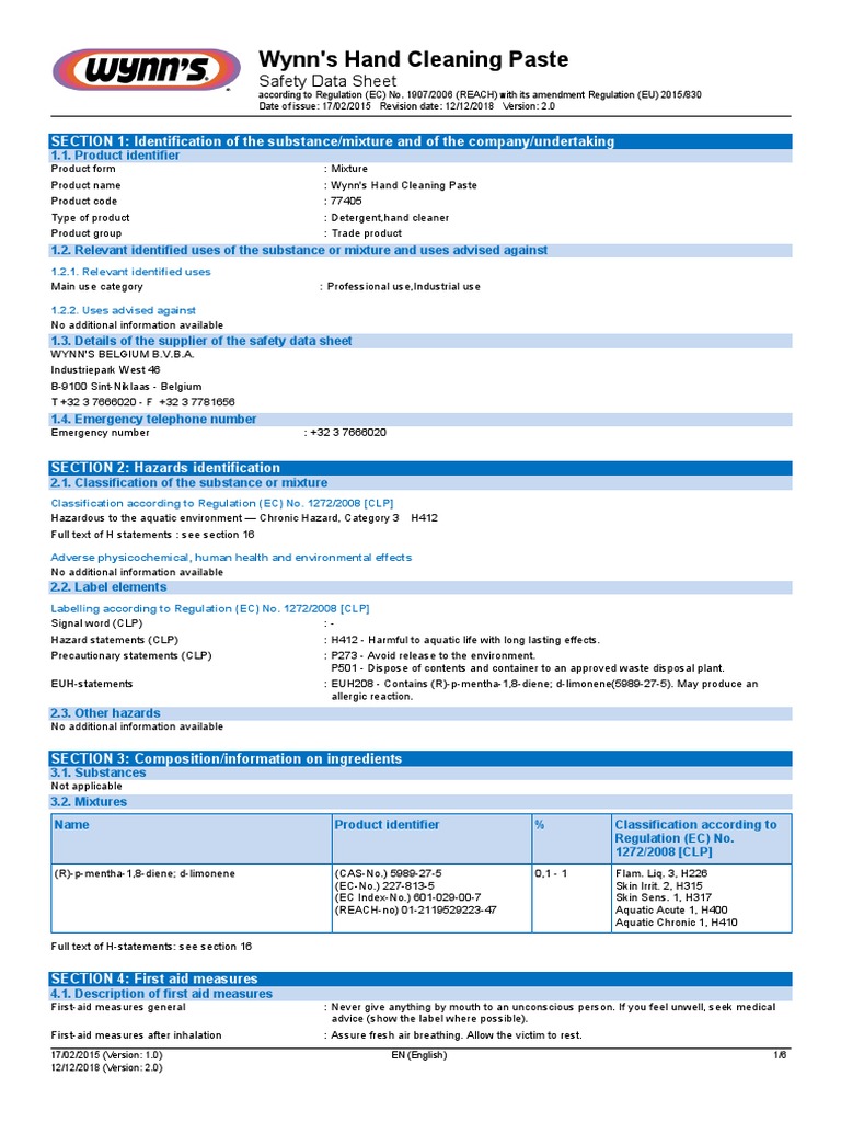 Wynn's Hand Cleaning Paste SDS Overview | PDF | Firefighting | Toxicity