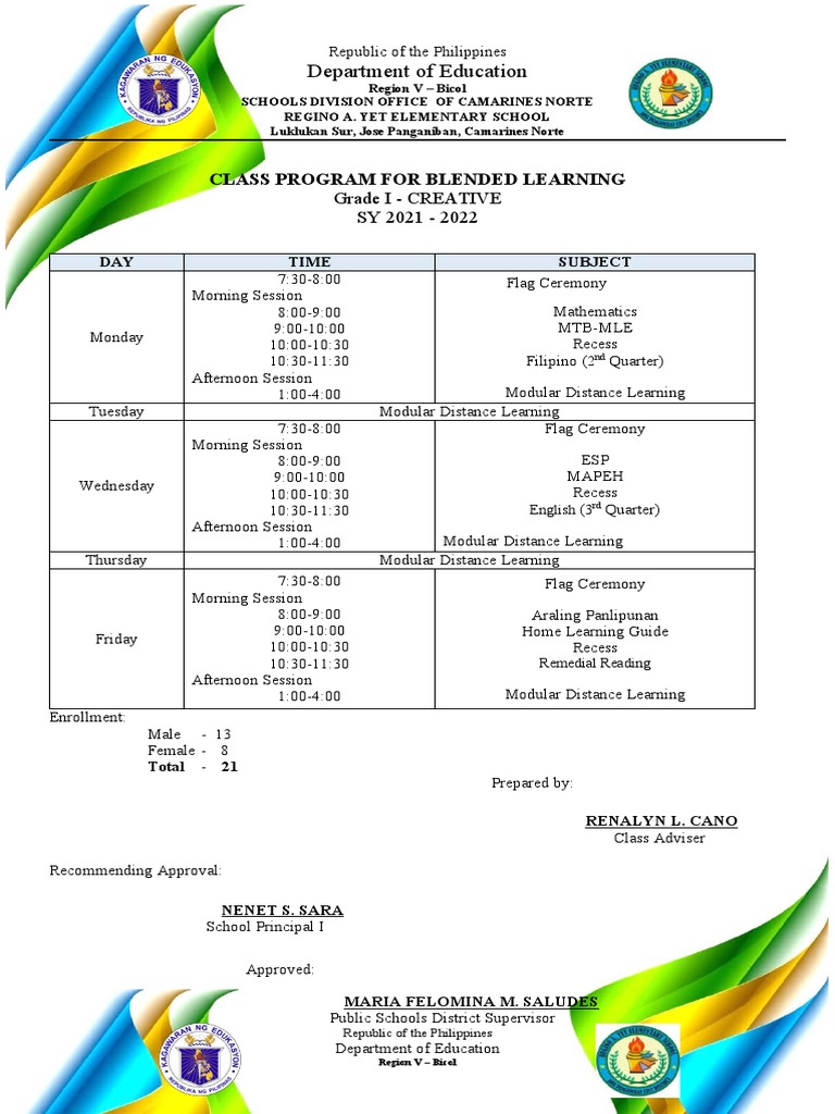 Department Of Education Class Program For Blended Learning Pdf Schools