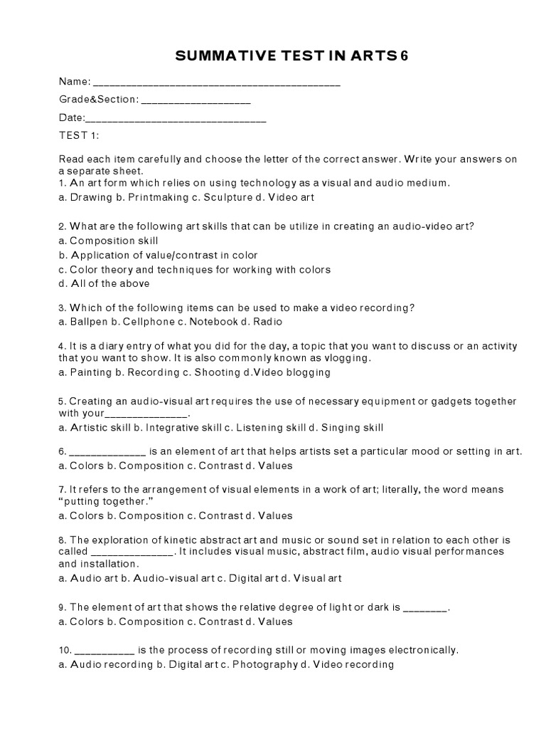Summative Test In Arts 6 Pdf Composition Visual Arts Video