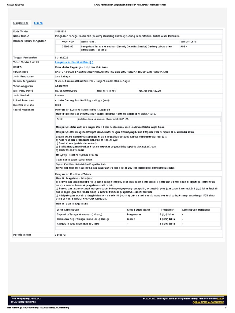 LPSE Kementerian Lingkungan Hidup Dan Kehutanan - Informasi Tender | PDF