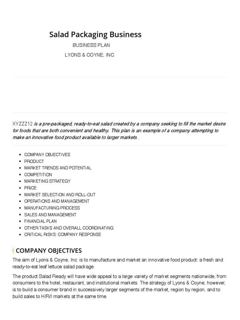 Salad Packaging Business Company Objectives PDF Lettuce Foods