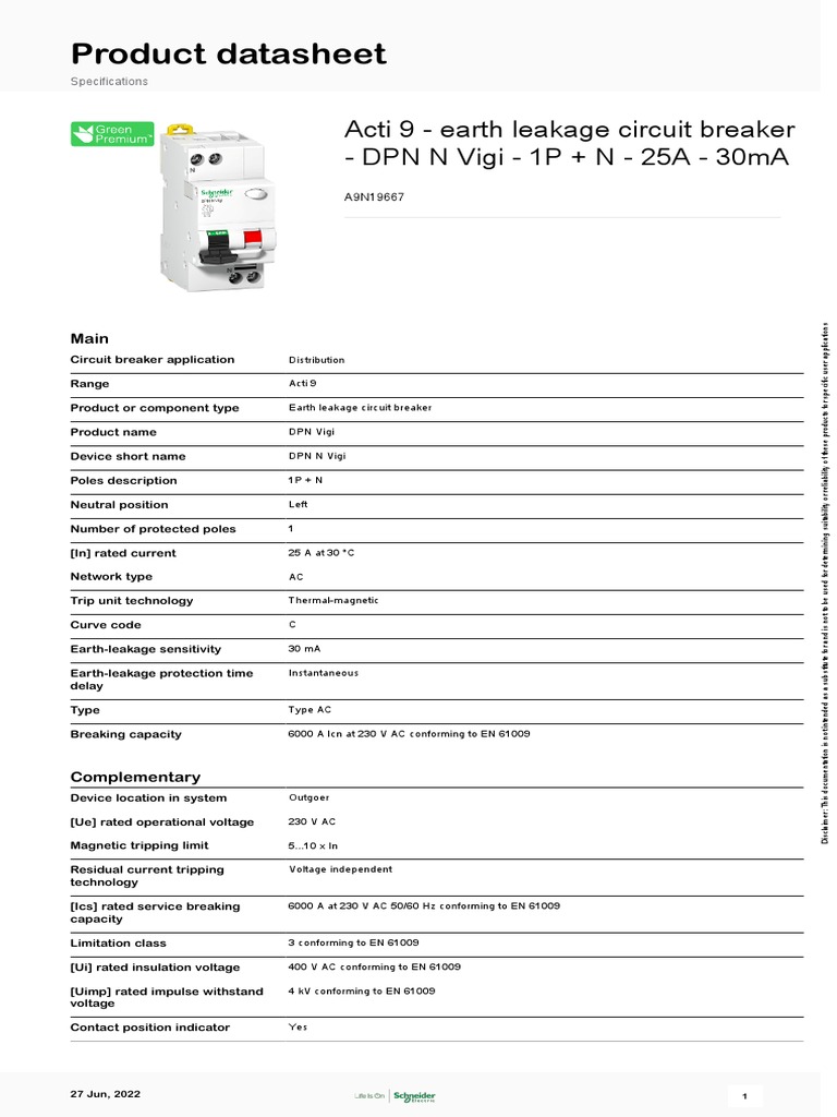Earth Leakage Circuit Breaker Datasheet Acti 9 DPN N Vigi 1P + N 25A