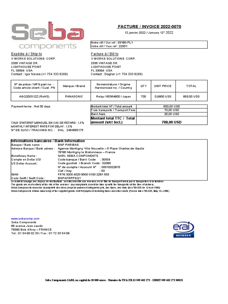 Facture Seba Components 2022-0070 | PDF | Services financiers | Argent