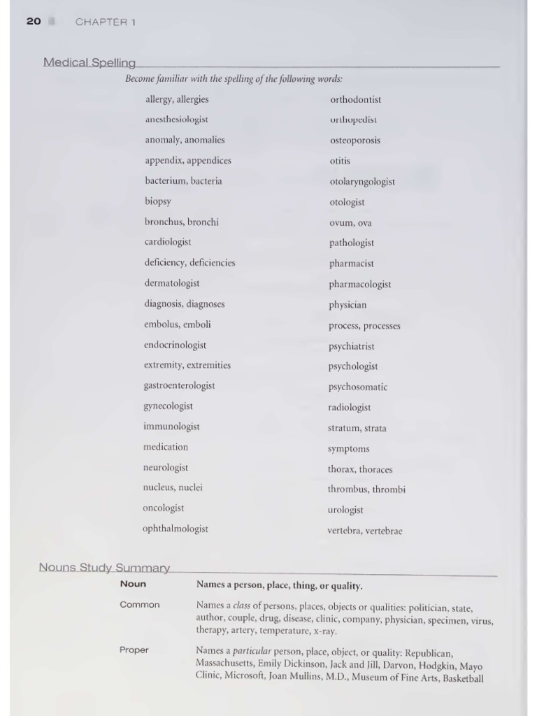 Noun Study Summary &amp; Medical Spelling | PDF