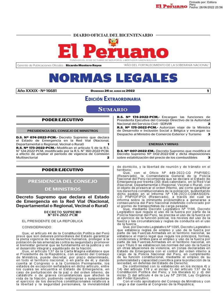 Decreto Supremo Que Declara en Estado de Emergencia Red Vial Nacional ...