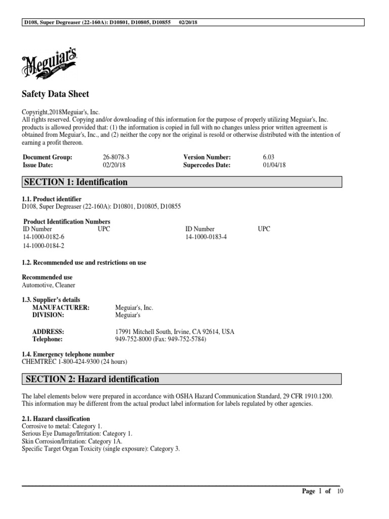 Safety Data Sheet D108, Super Degreaser (22160A) D10801, D10805
