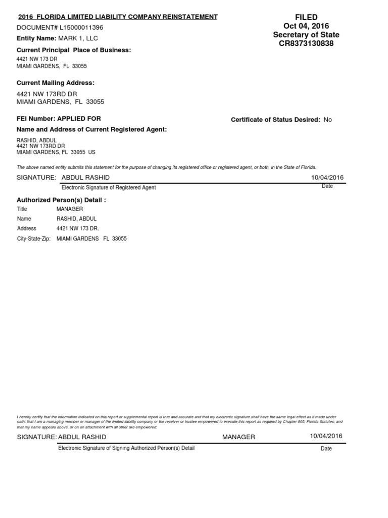 MARK 1, LLC Registered Agent Change | PDF | Registered Agent | Limited ...