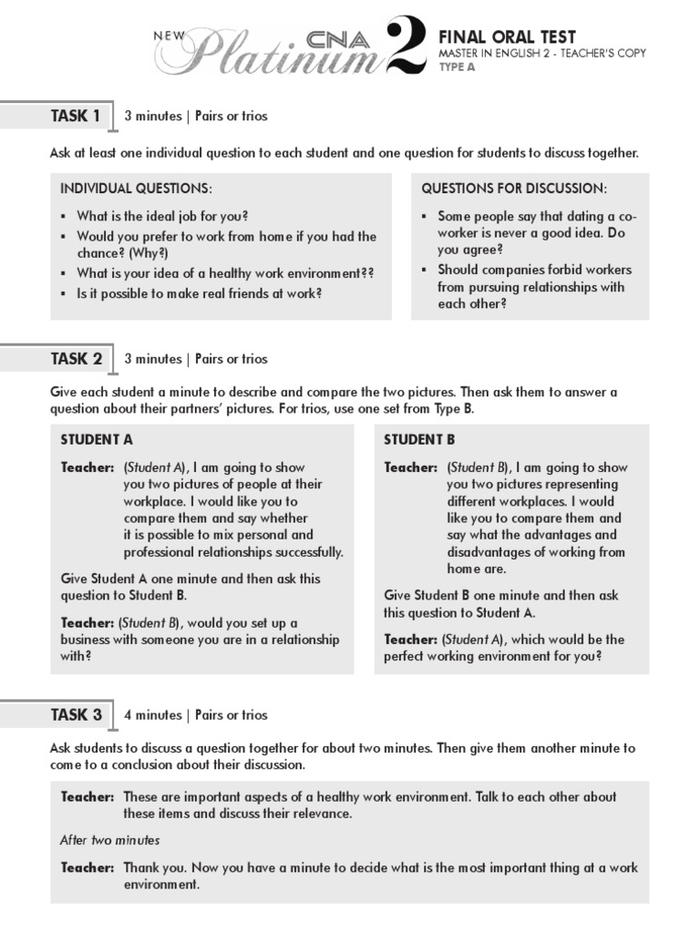 CNA Platinum 2 Final Oral Test Guide | PDF | English Language | Psychology