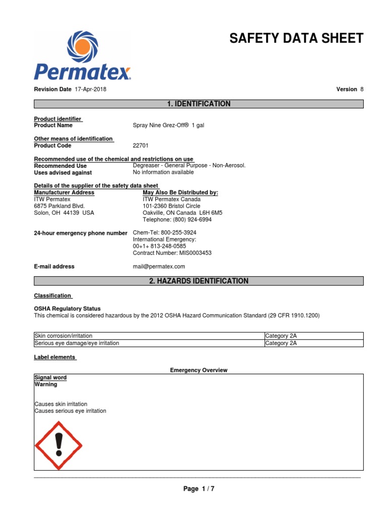 Spray Nine GrezOff HeavyDuty Degreaser SDS 1 Gallon PDF Superfund
