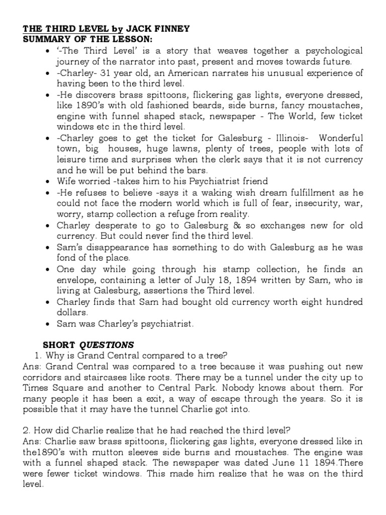 The Third Level by Jack Finney Summary of The Lesson | PDF | Experience