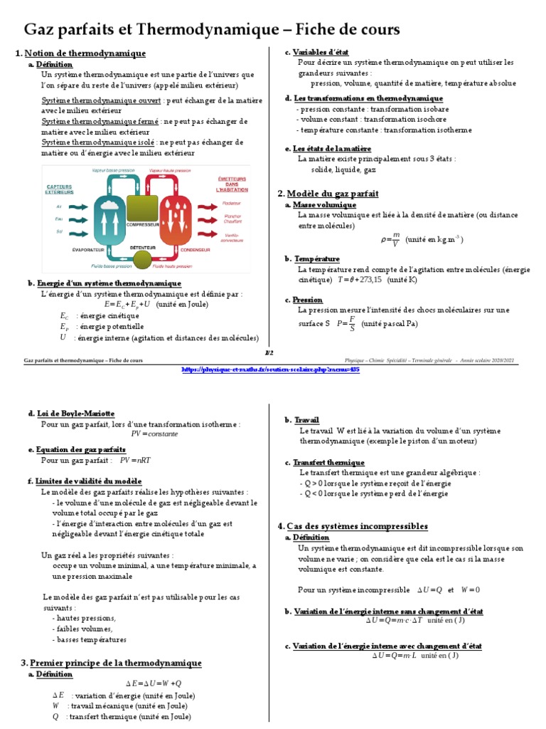 Fiche de cours sur les gaz parfaits | PDF | Thermodynamique | Pression