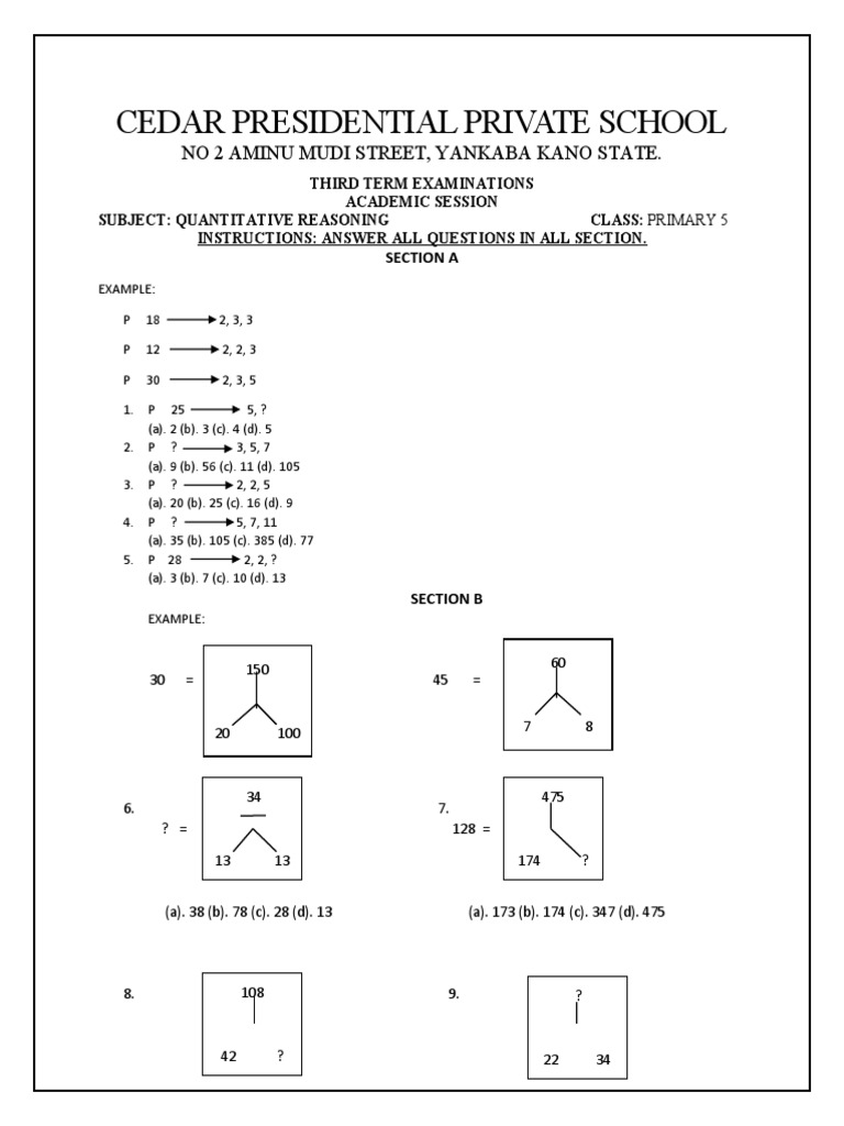 Primary 5 Quantitative Reasoning Exam | PDF | Schools | Educational ...