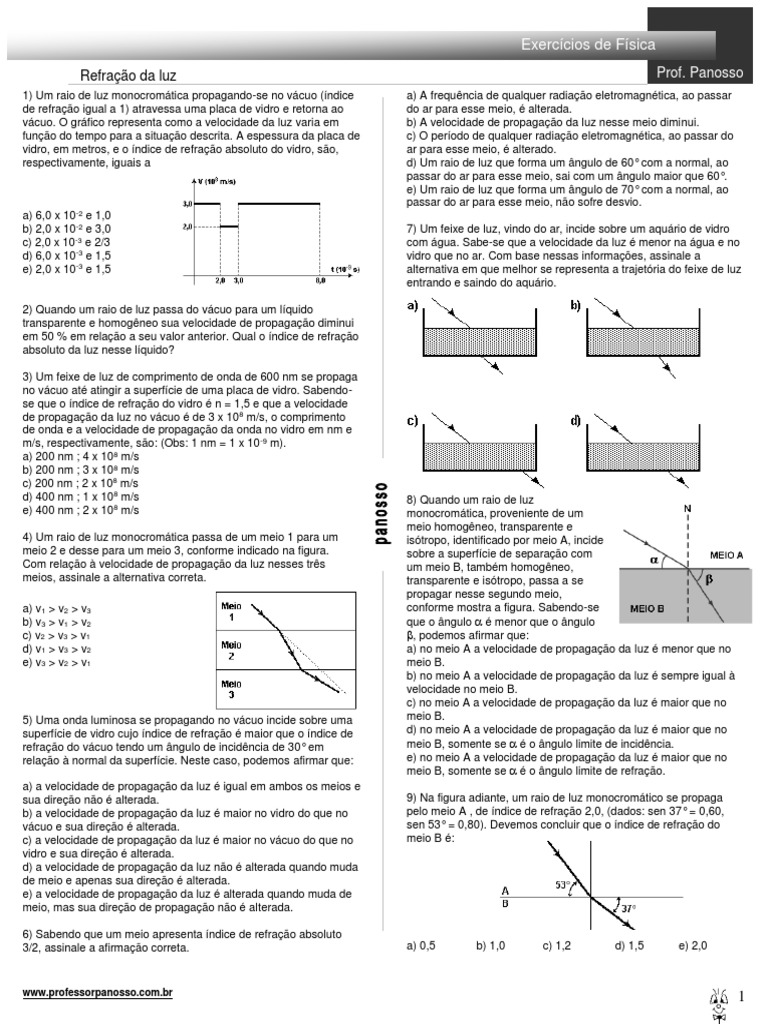 Exercícios sobre Refração da Luz | PDF | Refração | Luz
