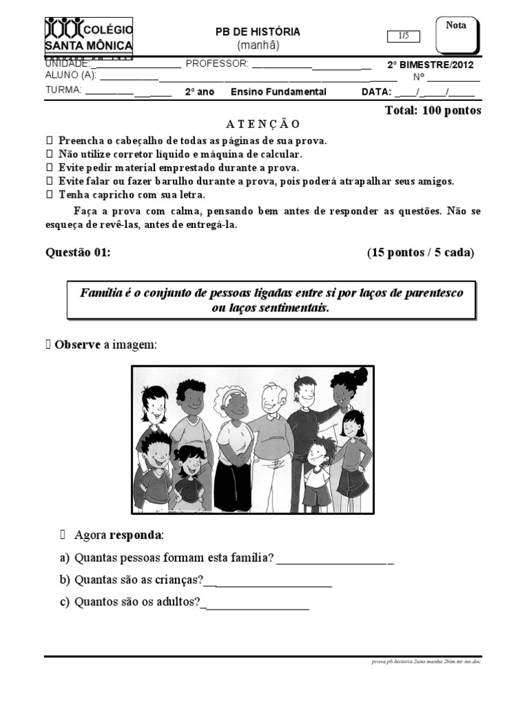 Prova de História 2º Ano Ensino Fundamental | PDF | Família | Parentesco
