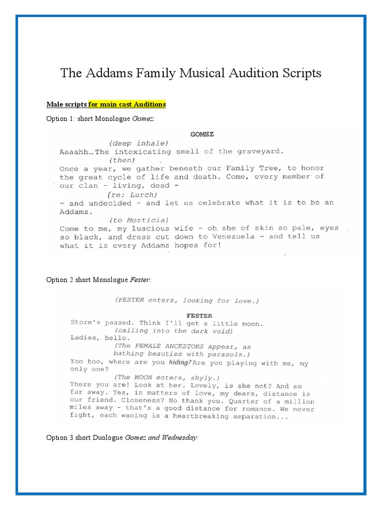 The Addams Family Musical Audition Scripts PDF
