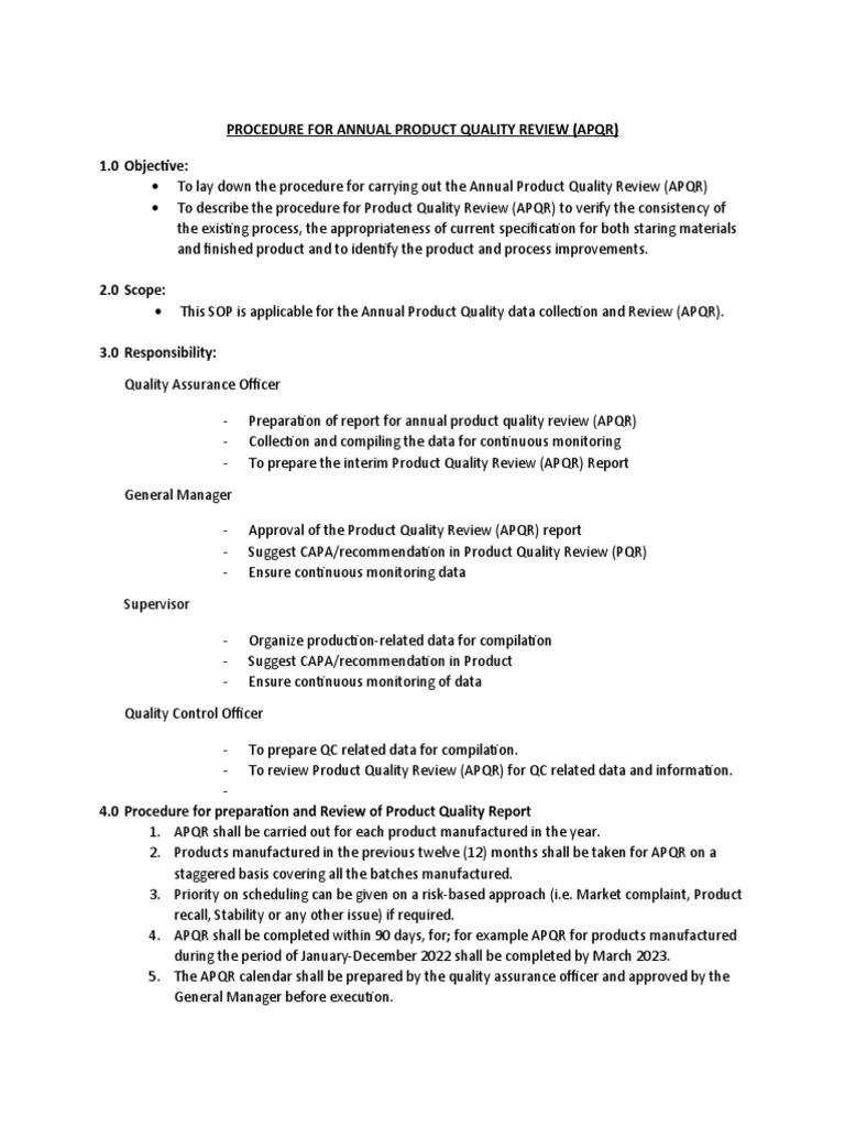 Procedure For Annual Product Quality Review | PDF | Quality Assurance ...