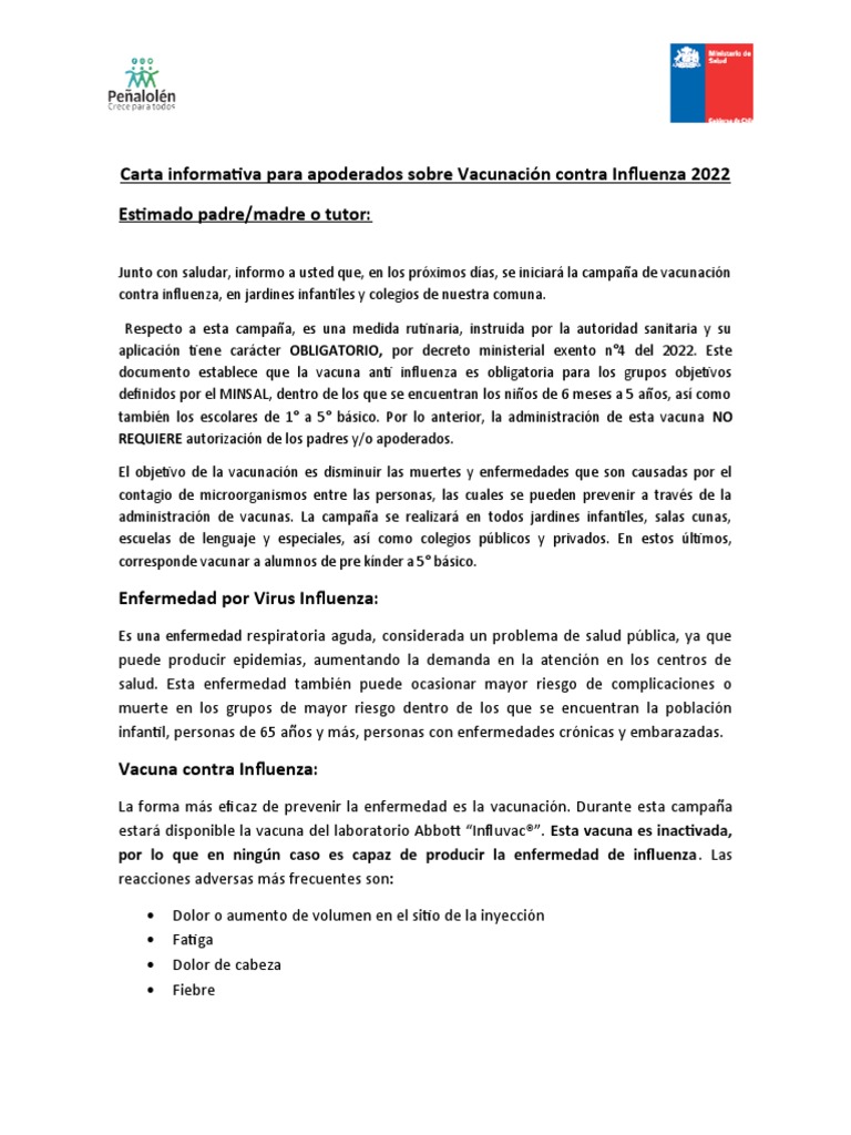 Carta Vacunacion Influenza A 2022 Apoderados PDF Influenza Vacunación