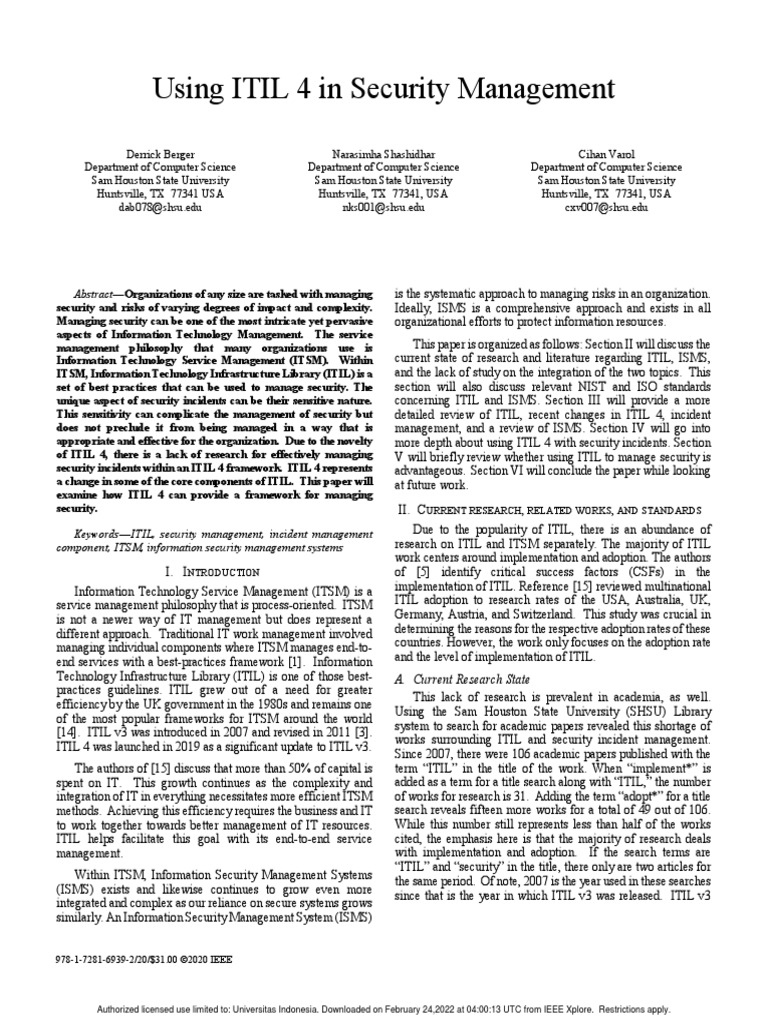 Using ITIL 4 in Security Management | PDF | Risk Management | It